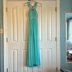 Teal beaded prom dress